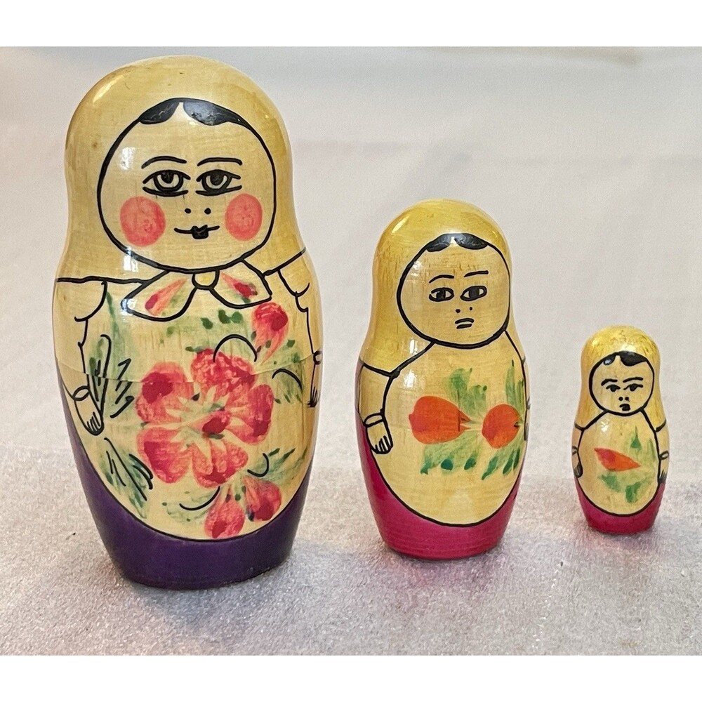 Vintage USSR Russian Matryoshka Nesting Dolls Set of 3 Hand Painted Wood